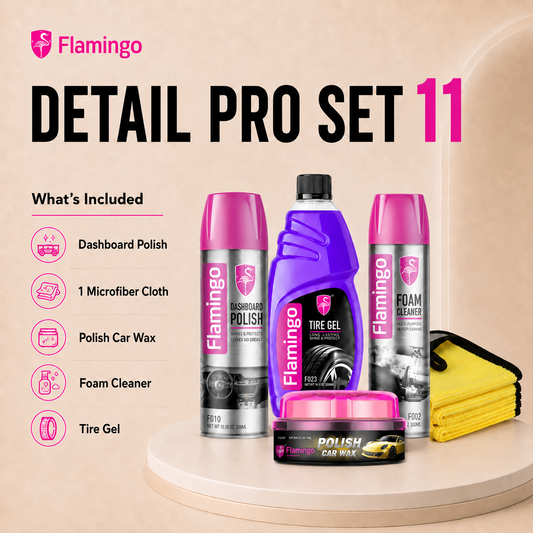 Flamingo Detail Pro Set 11 car care kit displayed on a beige background with a light wood pedestal. The set includes a dashboard polish spray can, a purple tire gel bottle, a foam cleaner spray can, a polish car wax jar, and a yellow microfiber cloth.