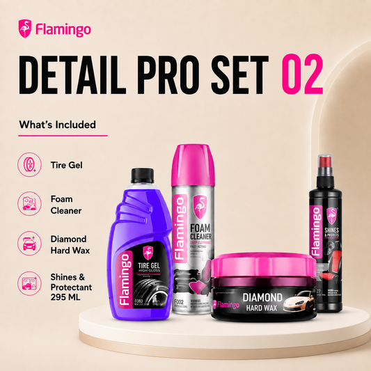 Flamingo Detail Pro Set 02 car care kit on a beige studio background, featuring a purple bottle of Tire Gel, a silver can of Foam Cleaner, a black jar of Diamond Hard Wax with pink lid, and a black spray bottle, with text listing included items on the left.