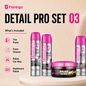 Flamingo Detail Pro Set 03 car detailing kit, featuring four silver cans with bright pink caps (Tire Foam, Foam Cleaner, Polish Car Wax, Dashboard Polish) and a matching pink-lidded jar of polish car wax, displayed on a beige pedestal against a light beige background with product details on the left.