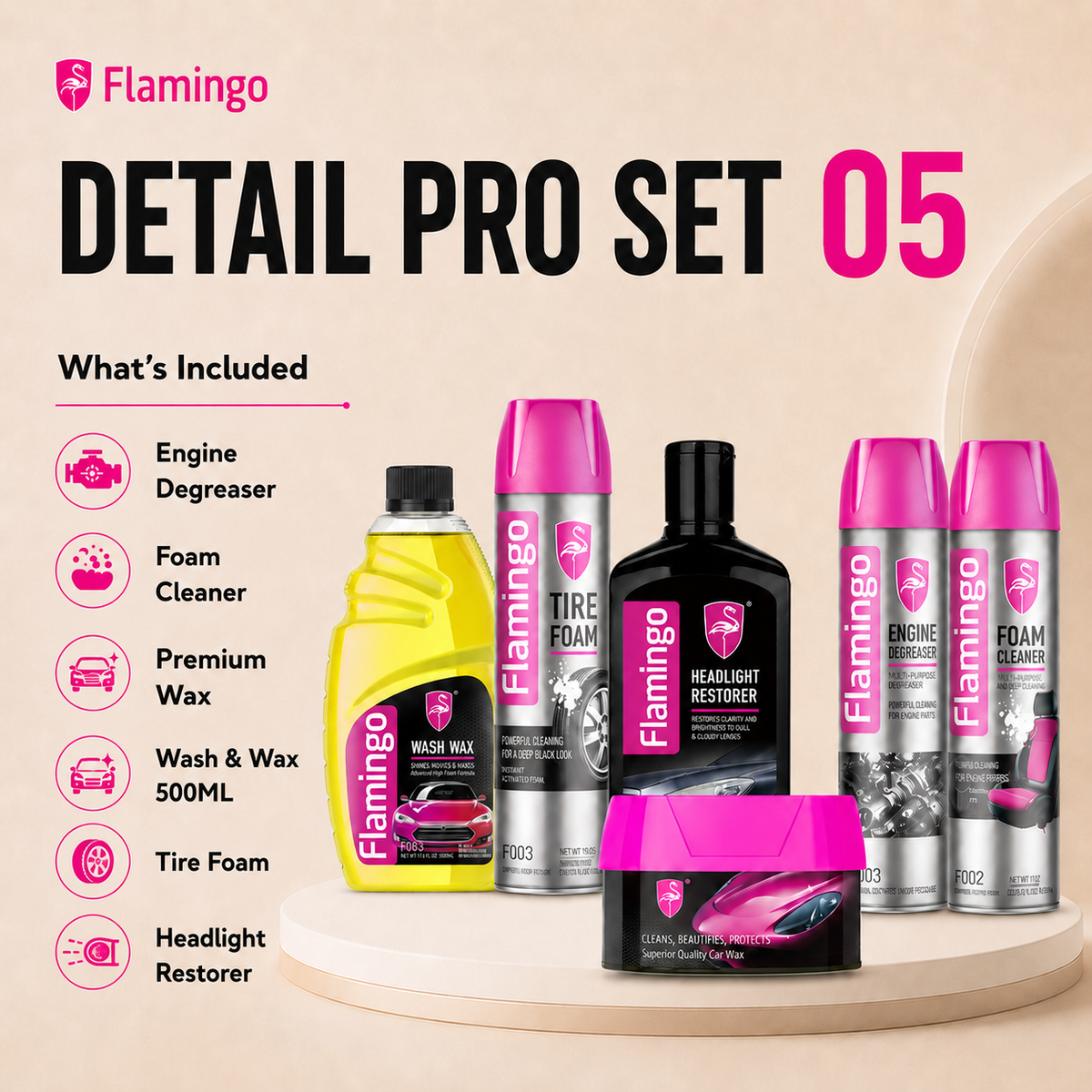 Flamingo Detail Pro Set 05 car care product collection on a beige background, featuring a yellow engine degreaser bottle, black tire foam can, black headlight restorer bottle, silver tire foam cans, silver dam remover cans, and a pink headlight cleaner jar, with a 'What's Included' list on the left.