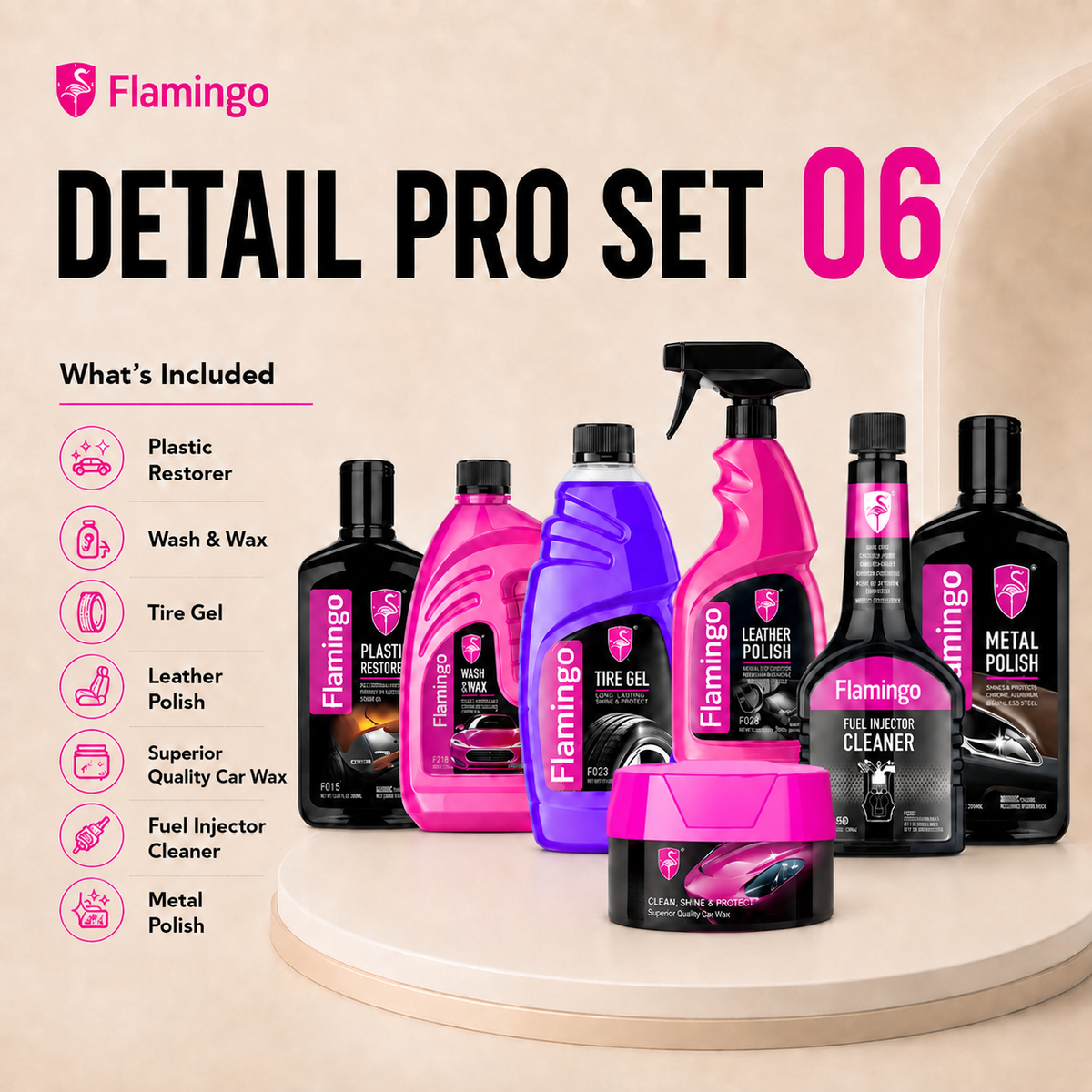 Flamingo Detail Pro Set 06 product lineup featuring multiple car care bottles and a jar on a beige pedestal, with text listing included items such as plastic restorer, wash & wax, tire gel, leather polish, leather polish wax, metal cleaner, and metal polish.