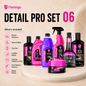 Flamingo Detail Pro Set 06 product lineup featuring multiple car care bottles and a jar on a beige pedestal, with text listing included items such as plastic restorer, wash & wax, tire gel, leather polish, leather polish wax, metal cleaner, and metal polish.