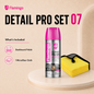 Flamingo Dashboard Polish Detail Pro Set 07 featuring a silver and pink aerosol can of dashboard polish next to a yellow microfiber cloth on a beige platform, with product details and what's included text on the left.