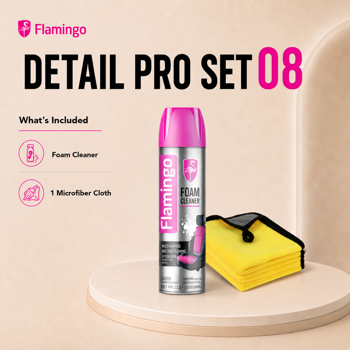 Flamingo Detail Pro Set 08 car wash kit featuring a can of foam cleaner and a yellow microfiber cloth on a beige platform against a light beige background.