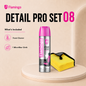 Flamingo Detail Pro Set 08 car wash kit featuring a can of foam cleaner and a yellow microfiber cloth on a beige platform against a light beige background.