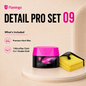Flamingo Detail Pro Set 09 car wax kit featuring a jar of premium hard wax and a stack of yellow microfiber cloths on a beige display platform with promotional text.