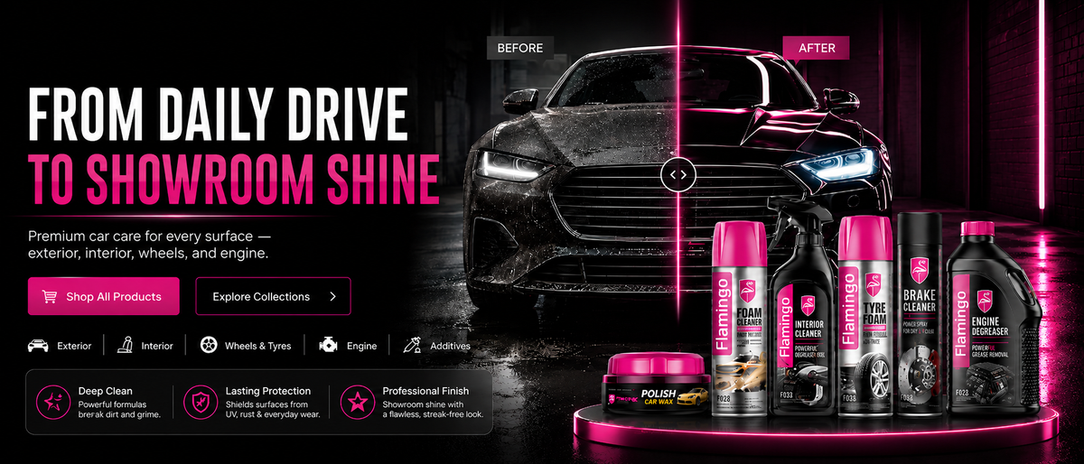 Promotional automotive care advertisement showing a dark car with a before/after split line, alongside several pink and black spray bottles and jars on a pedestal. Large text reads 'FROM DAILY DRIVE TO SHOWROOM SHINE' with smaller benefit callouts below.